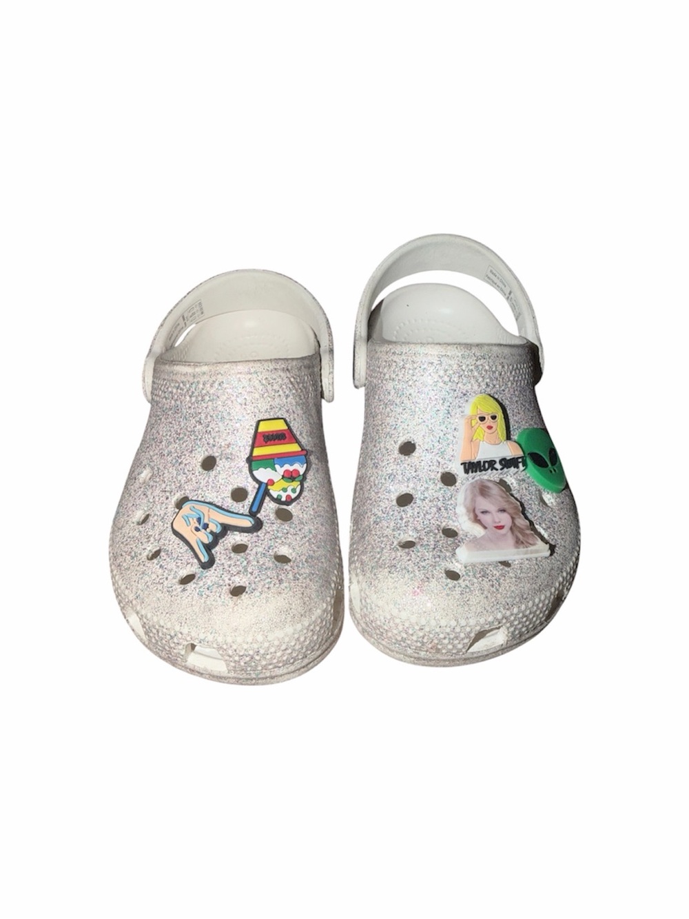 Crocs Kids White Glitter Clogs with Jibbitz Charms Size 11